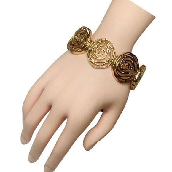 Gold Tone Swirl Rose Statement Pendant Chain Necklace And Bracelet Set 23” - Picture 4 of 12